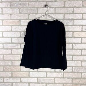 Eileen Fisher Petite Black Crewneck Long Sleeve Viscose Pocket Tee Size PP